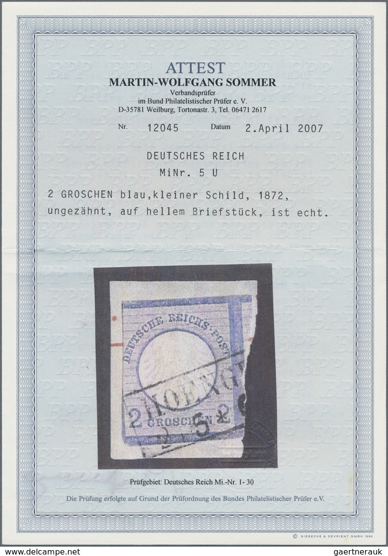 Deutsches Reich - Brustschild: 1872, 2 Gr. Grauultramarin Kleiner Schild UNGEZÄHNT, Entwertet Mit Zw - Ungebraucht