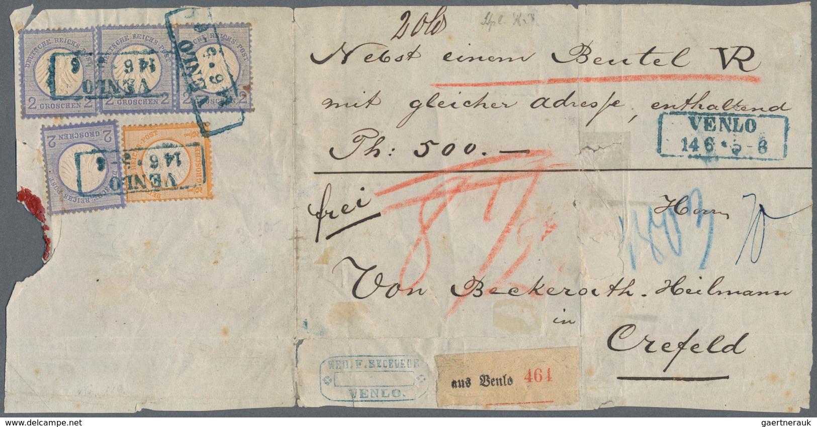 Deutsches Reich - Brustschild: 1872 Blauer Ra2 "VENLO 14 6" Auf Paketbegleitbrief Mit 4x2Gr.+½Gr.-NU - Neufs