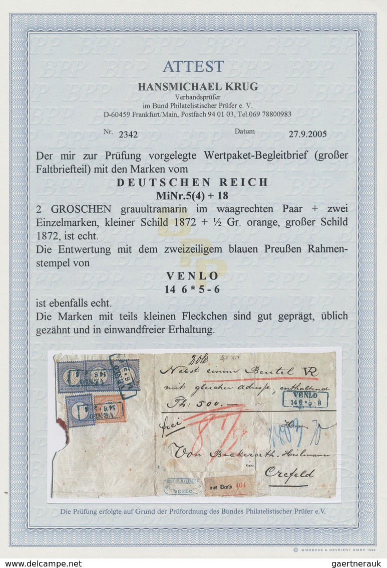 Deutsches Reich - Brustschild: 1872 Blauer Ra2 "VENLO 14 6" Auf Paketbegleitbrief Mit 4x2Gr.+½Gr.-NU - Neufs
