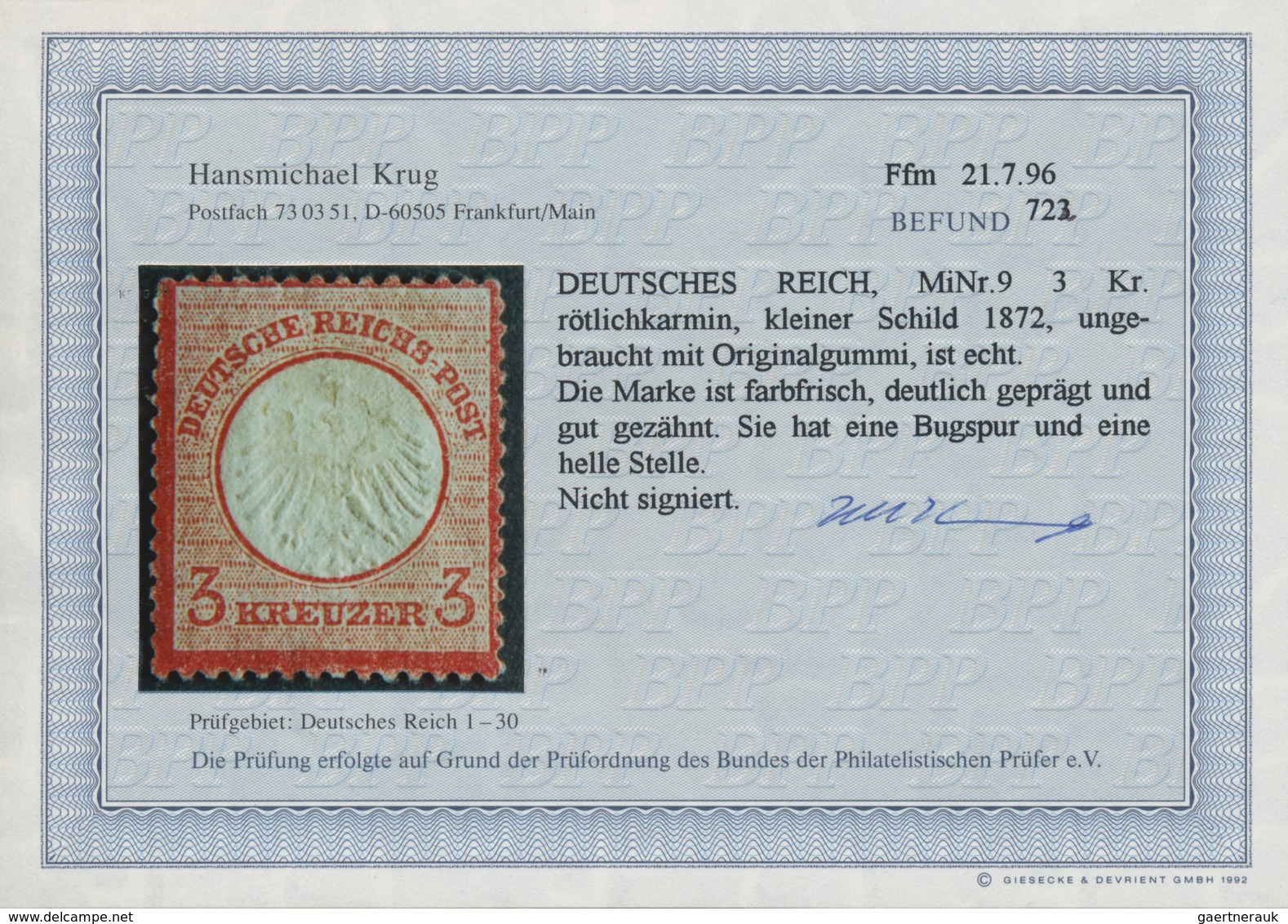 Deutsches Reich - Brustschild: 1872 Kleiner Schild 3 Kreuzer Kamin Ungebraucht Mit Originalgummi, Fo - Neufs