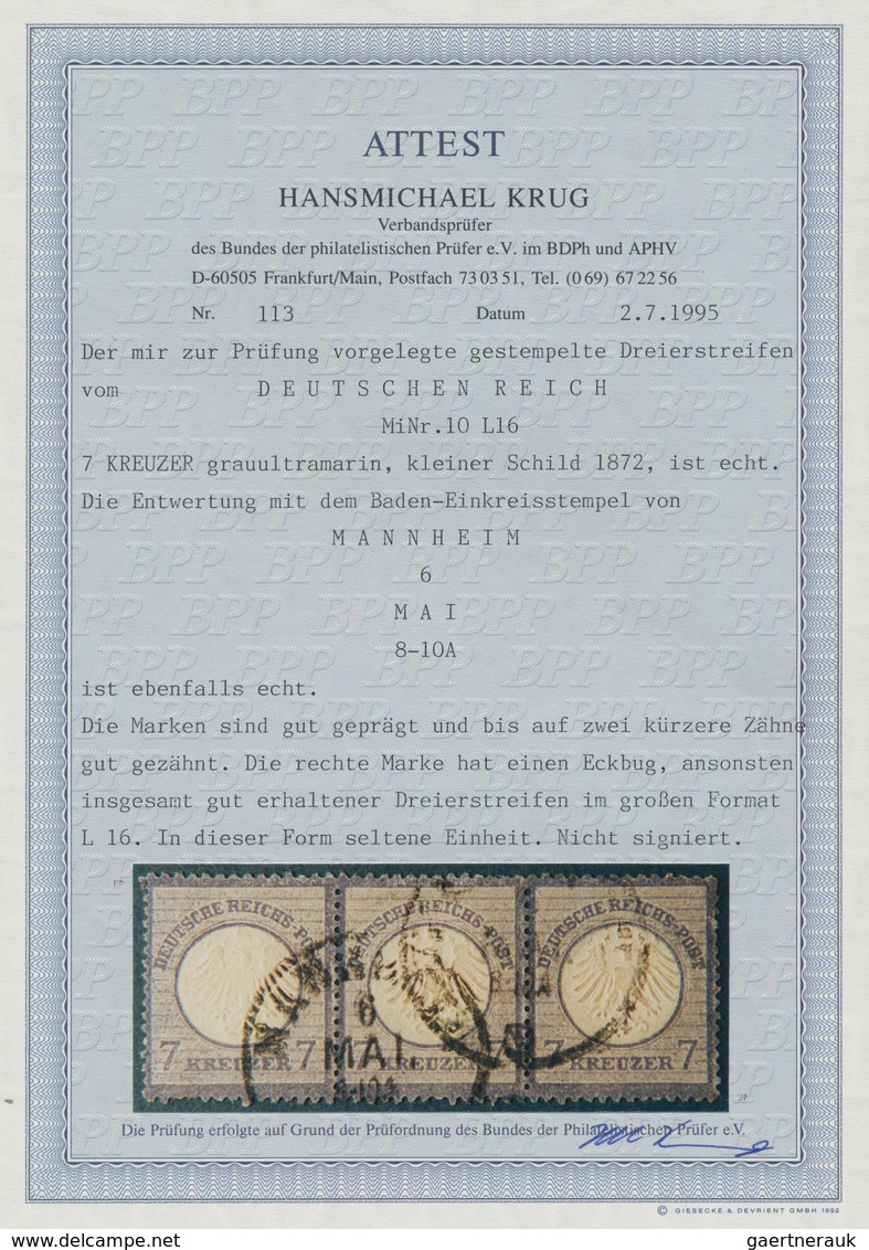 Deutsches Reich - Brustschild: 1872, Kleiner Schild 7 Kr. Ultramarin Im 3er Streifen Mit K1 "MANNHEI - Unused Stamps
