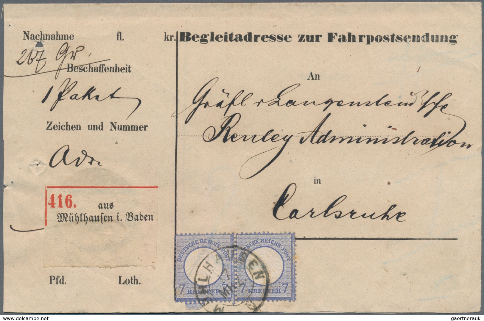 Deutsches Reich - Brustschild: 1872, Kleiner Schild 7 Kr. Ultramarin Im Paar Auf Vordruck-Fahrpostse - Neufs