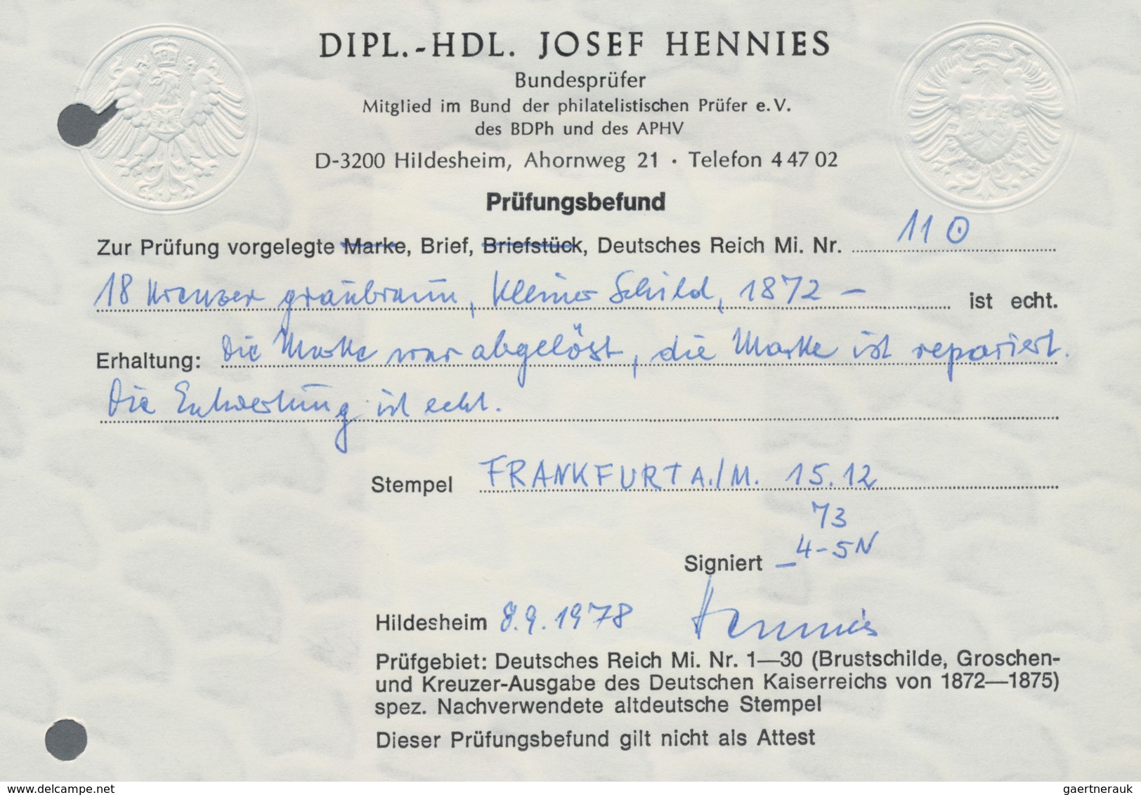 Deutsches Reich - Brustschild: 1872, Kleiner Schild 18 Kreuzer Graubraun Als EINZELFRANKATUR Von "FR - Unused Stamps