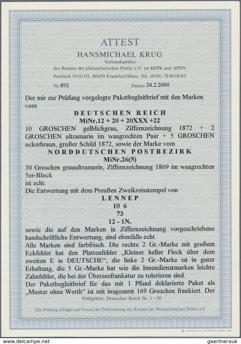 Deutsches Reich - Brustschild: 1873, ÜBERSEE-PAKET Mit Hoher 169 Gr.-Mischfrankatur Innendienstmarke - Ungebraucht