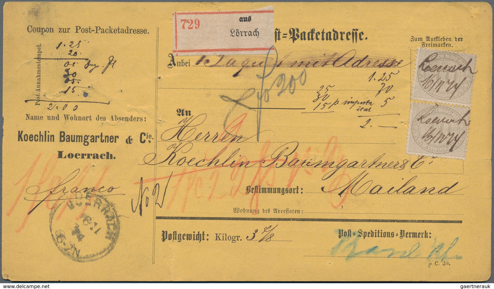Deutsches Reich - Brustschild: 1874, PAKET NACH MAILAND: Innendienstmarke 10 Gr. Grau (2) Mit Handsc - Ungebraucht