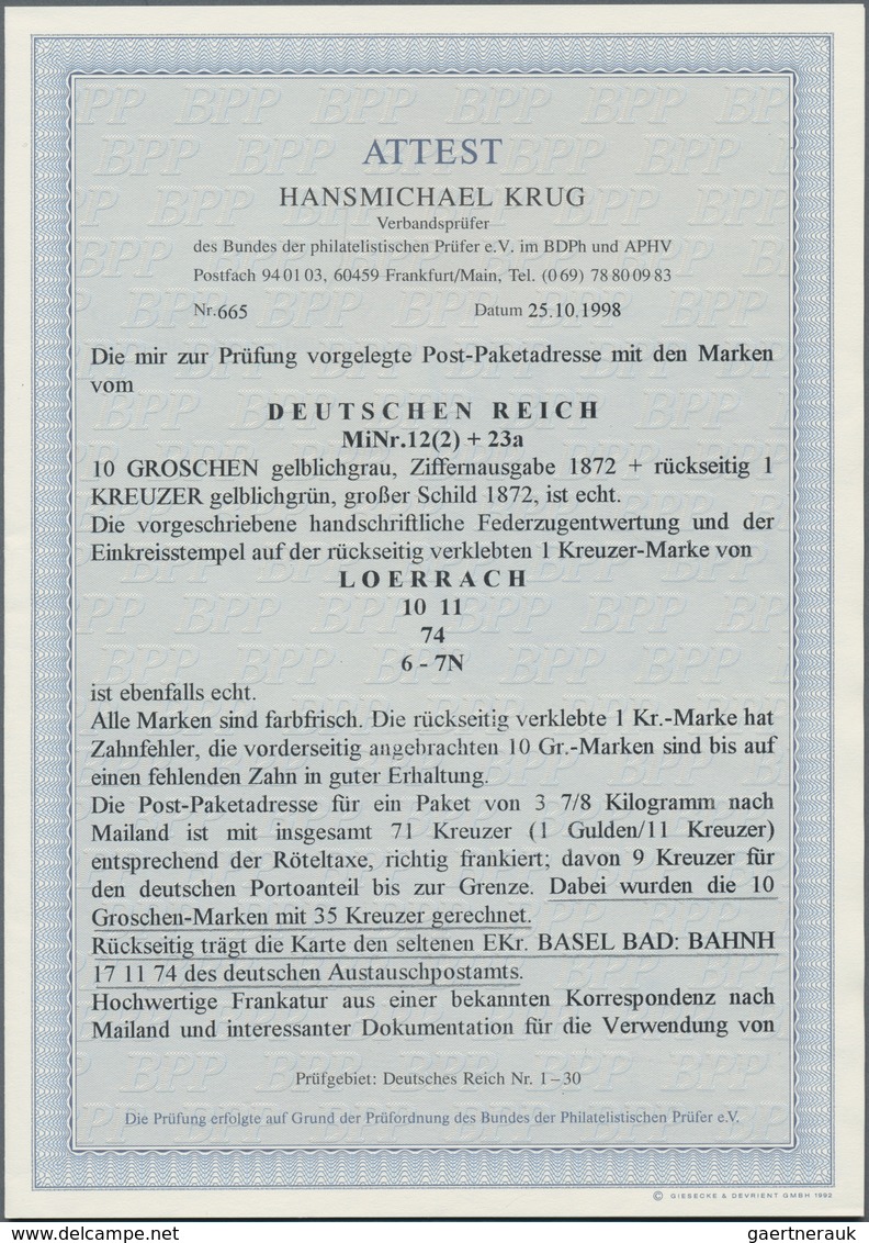 Deutsches Reich - Brustschild: 1874, PAKET NACH MAILAND: Innendienstmarke 10 Gr. Grau (2) Mit Handsc - Ongebruikt