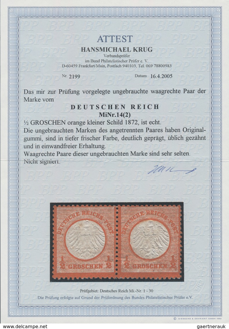 Deutsches Reich - Brustschild: 1872, 1/2 Gr. Orange, Kleiner Schild Im Waagerechten Paar, Leicht Ang - Unused Stamps