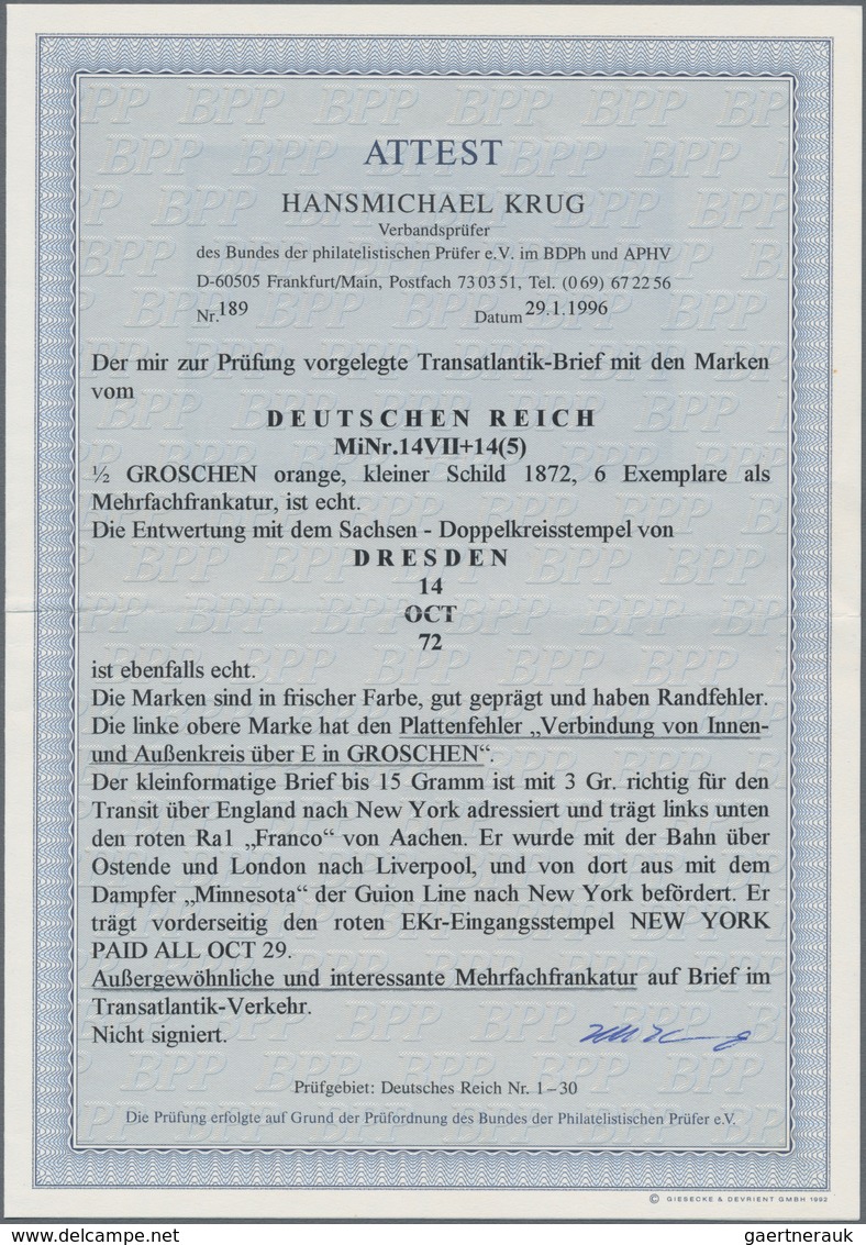 Deutsches Reich - Brustschild: 1872, ÜBERSEE-BRIEF Mit MEHRFACHFRANKATUR: Kleiner Schild ½ Gr. Orang - Neufs