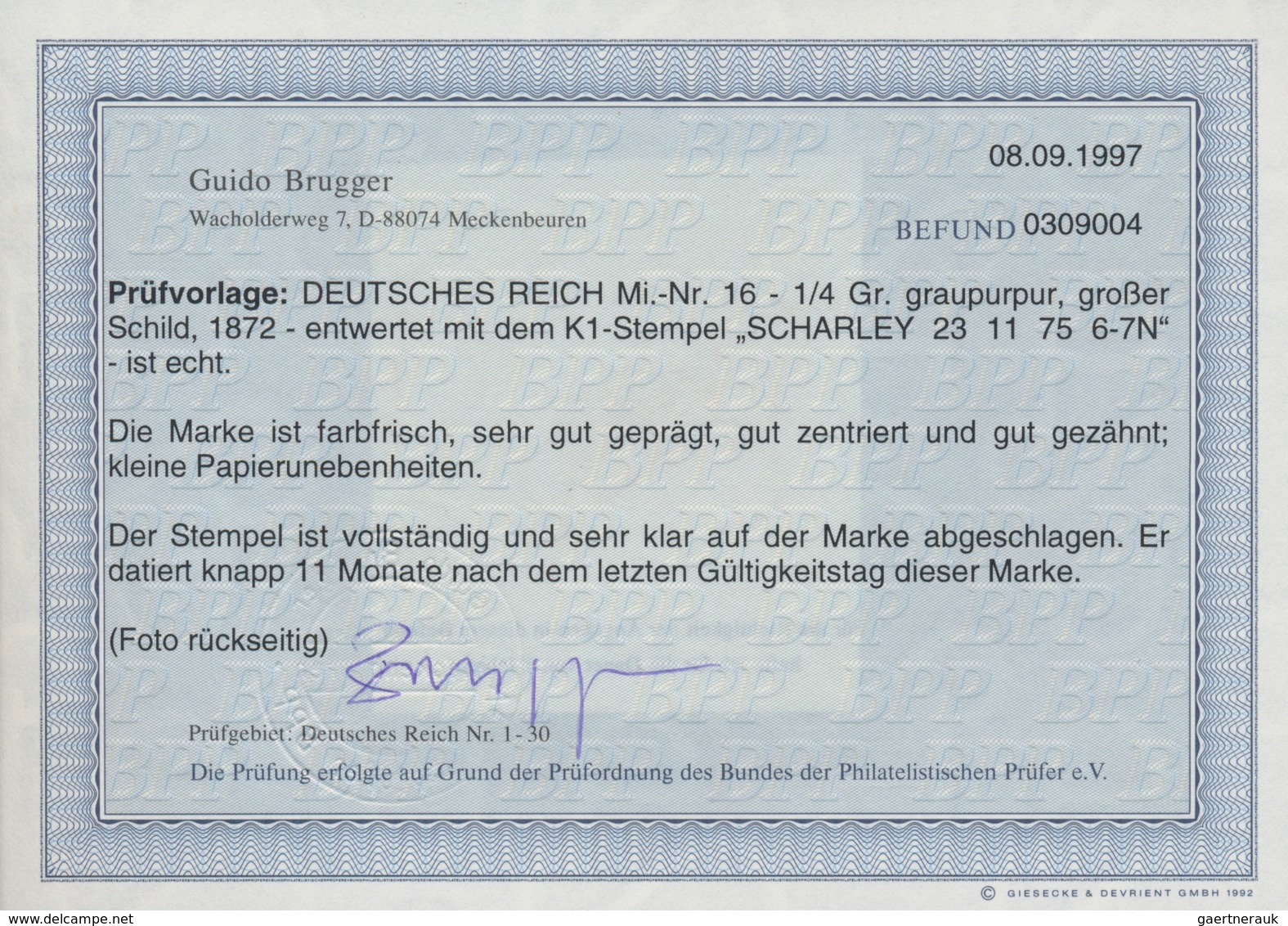 Deutsches Reich - Brustschild: 1872, Gr. Schild ¼ Gr Violett Sehr Späte Aufbrauchsverwendung Mit Ide - Unused Stamps
