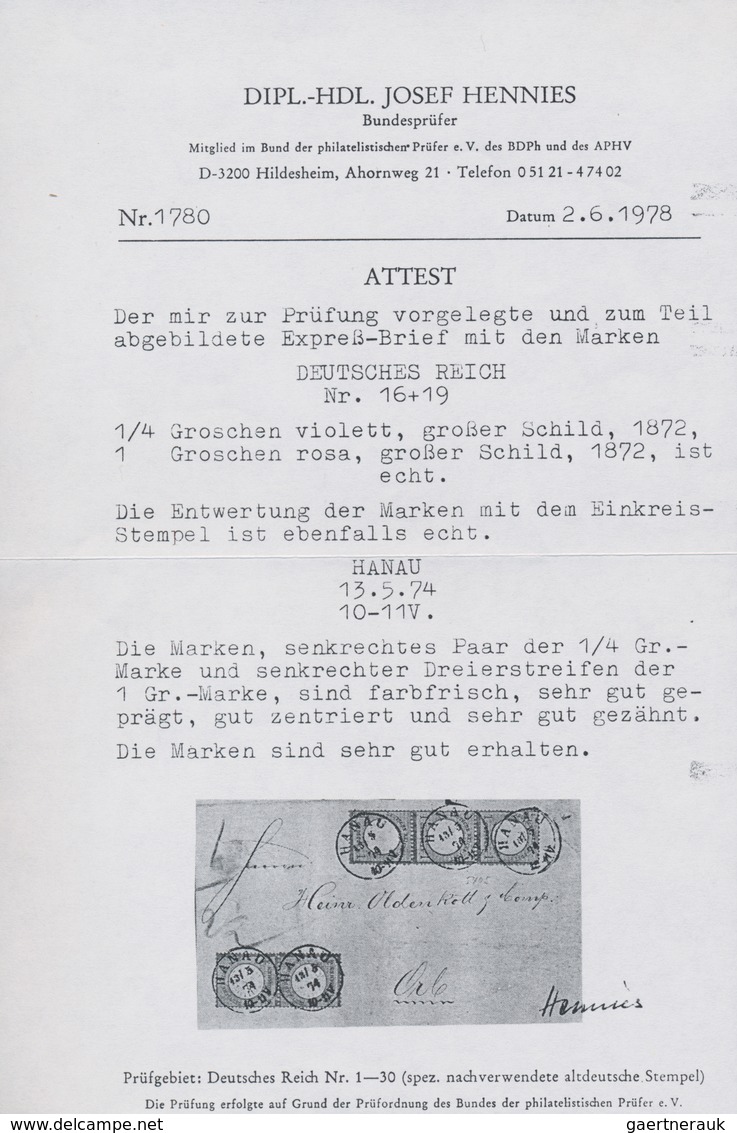 Deutsches Reich - Brustschild: 1872, Paar ¼ Gr. Und 3er-Streifen 1 Gr. Auf Express-Brief Mit K1 "HAN - Neufs