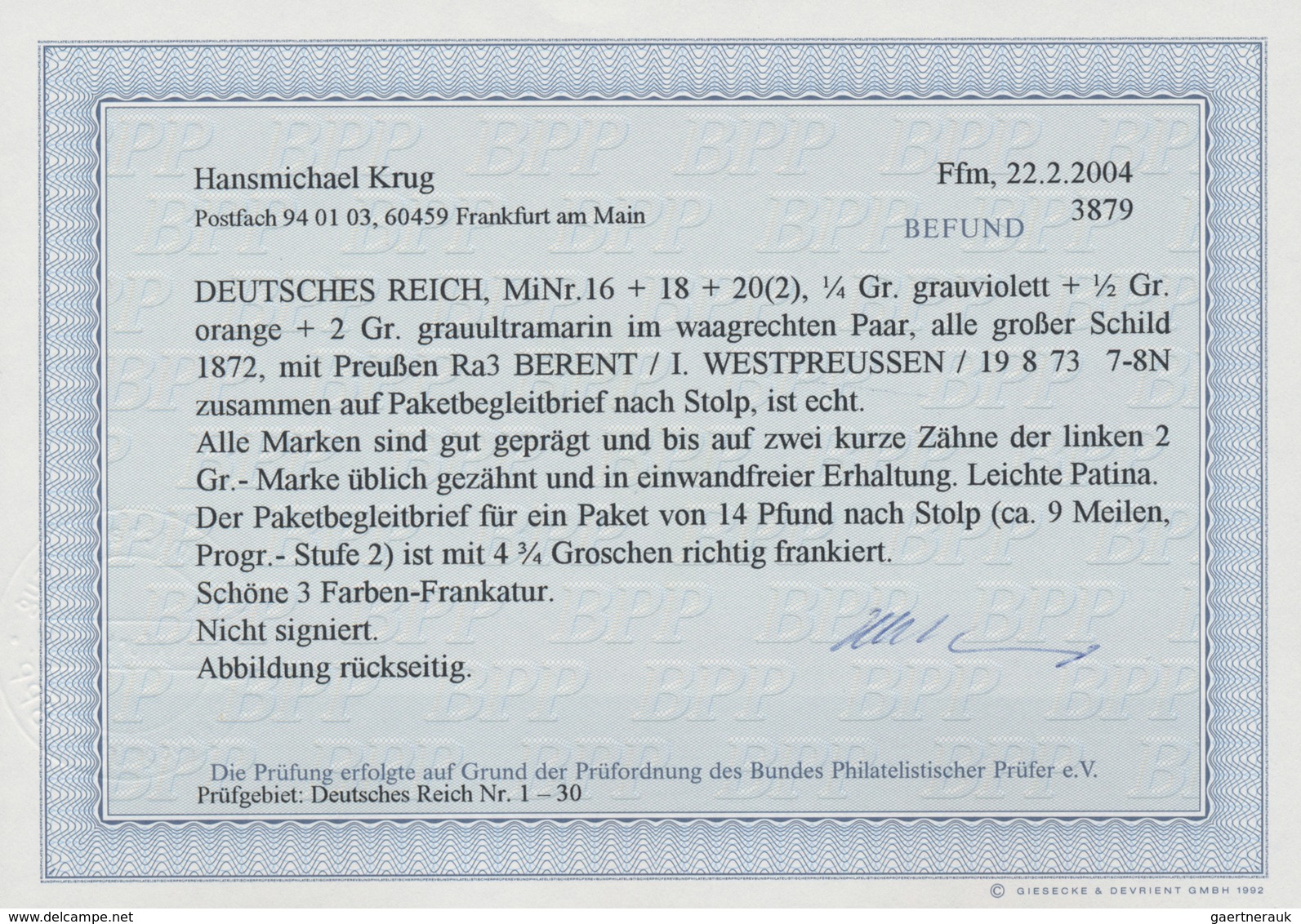 Deutsches Reich - Brustschild: 1872, Großer Schild ¼ Gr., ½ Gr. Und Paar 2 Gr. Auf Paket-Begleitbrie - Ungebraucht