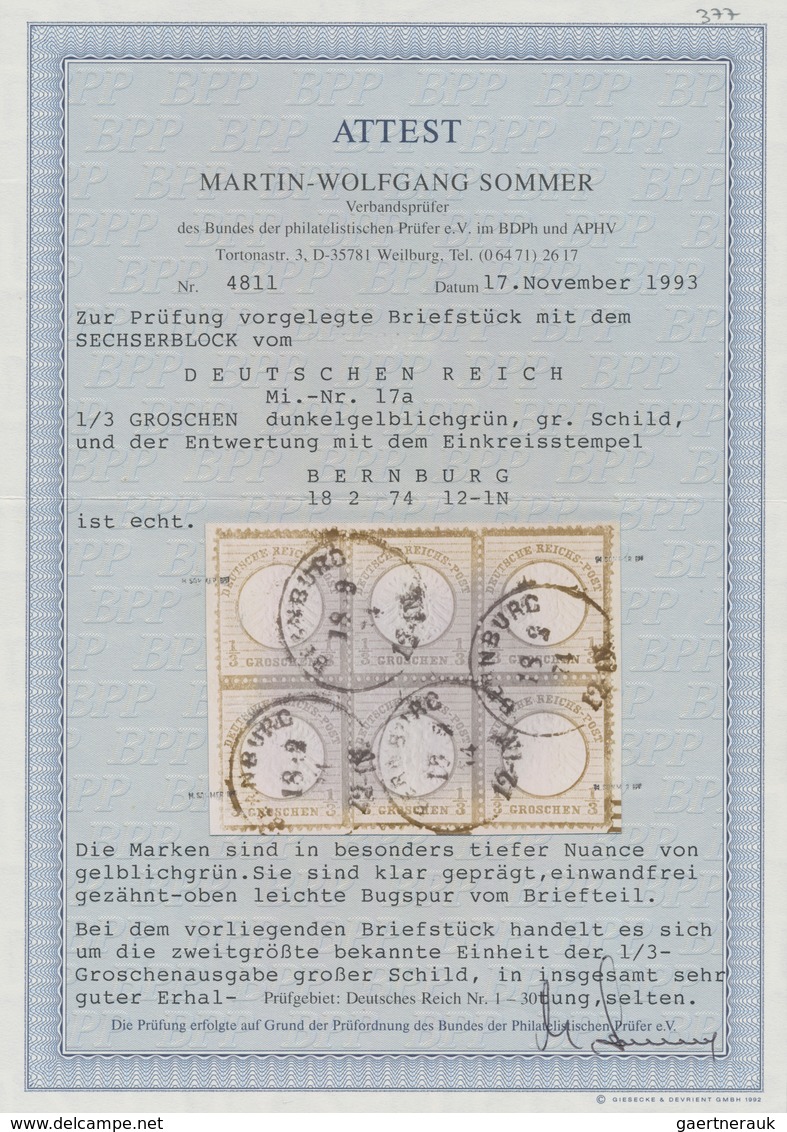 Deutsches Reich - Brustschild: 1872 Großer Schild 1/3 Gr. Grün Sechserblock(!) Auf Briefstück Mit K1 - Ungebraucht
