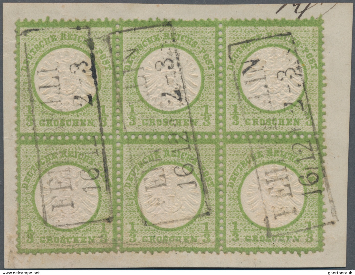 Deutsches Reich - Brustschild: 1872 Großer Schild 1/3 Gr. Grün Sechserblock(!) Auf Briefst. Mit Ra2 - Unused Stamps