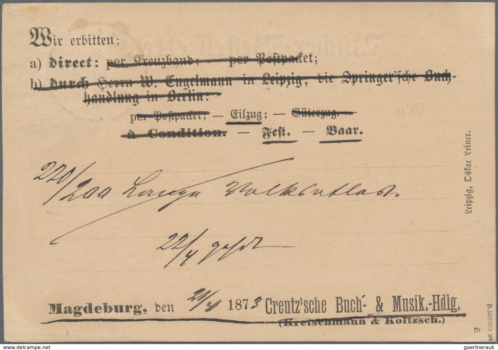 Deutsches Reich - Brustschild: 1872, Großer Schild 1/3 Gr. Hellgrün Auf Vordruck-Bücherzettel Mit K1 - Ungebraucht