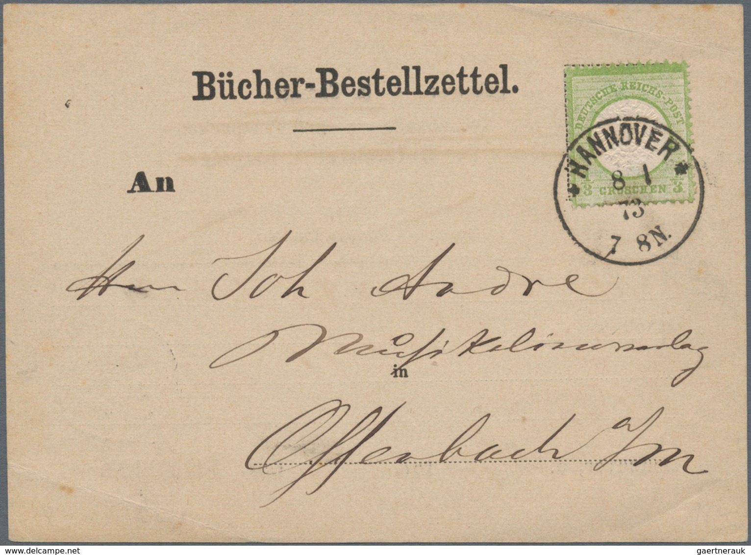 Deutsches Reich - Brustschild: 1872, Großer Schild 1/3 Gr. Hellgrün Auf Vordruck-Bücherzettel Mit K1 - Unused Stamps