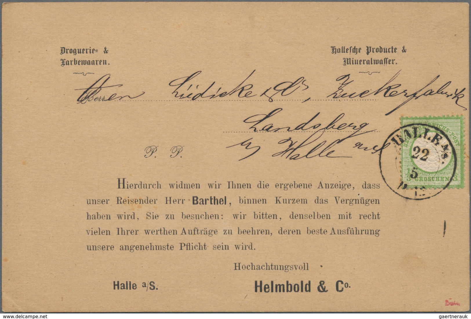 Deutsches Reich - Brustschild: 1872, Großer Schild 1/3 Gr. Hellgrün Auf Vordruck-Vertreterkarte Mit - Ungebraucht