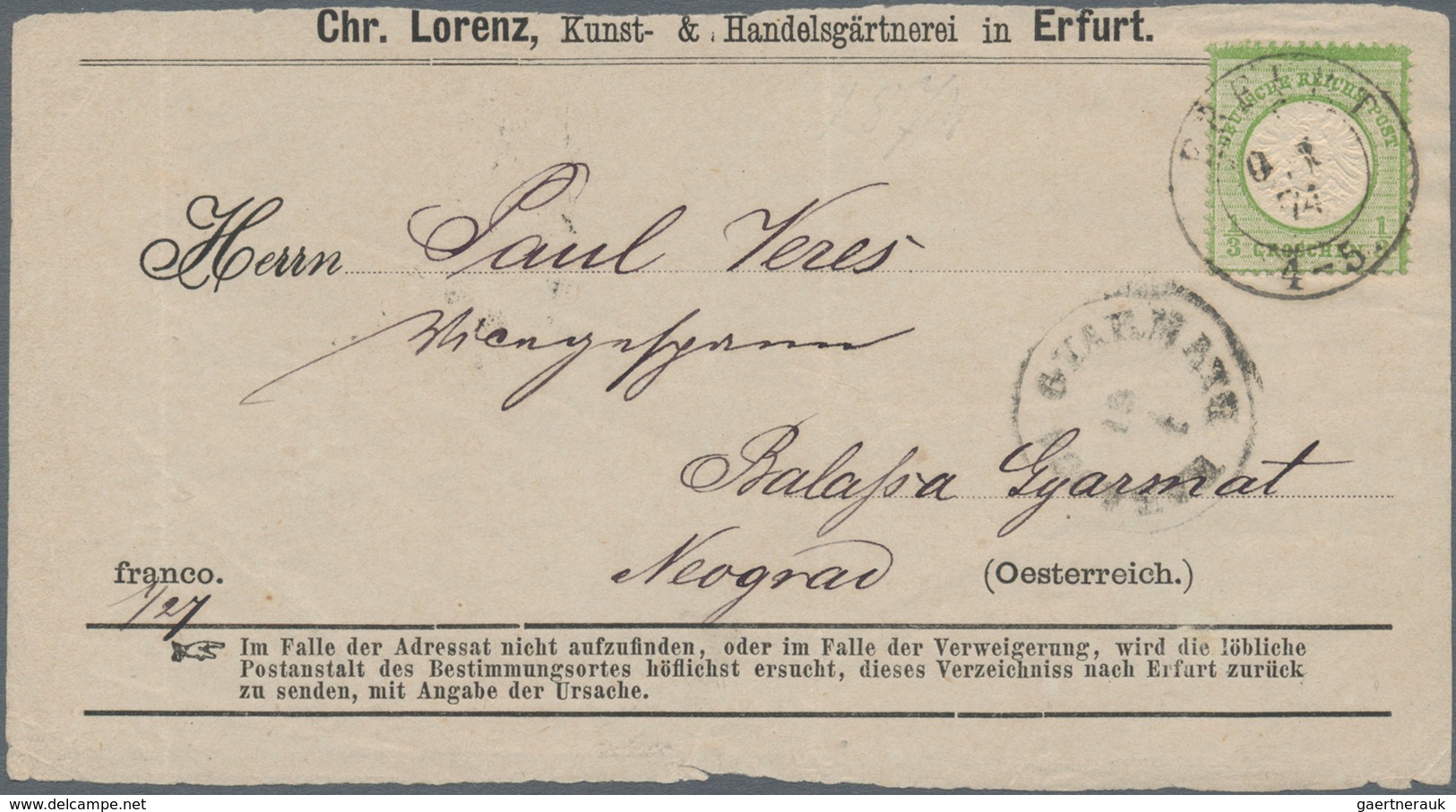 Deutsches Reich - Brustschild: 1872 Großer Schild ½ Gr Grün Auf Vordruck-Drucksachen-Vorderseite "Ch - Ungebraucht