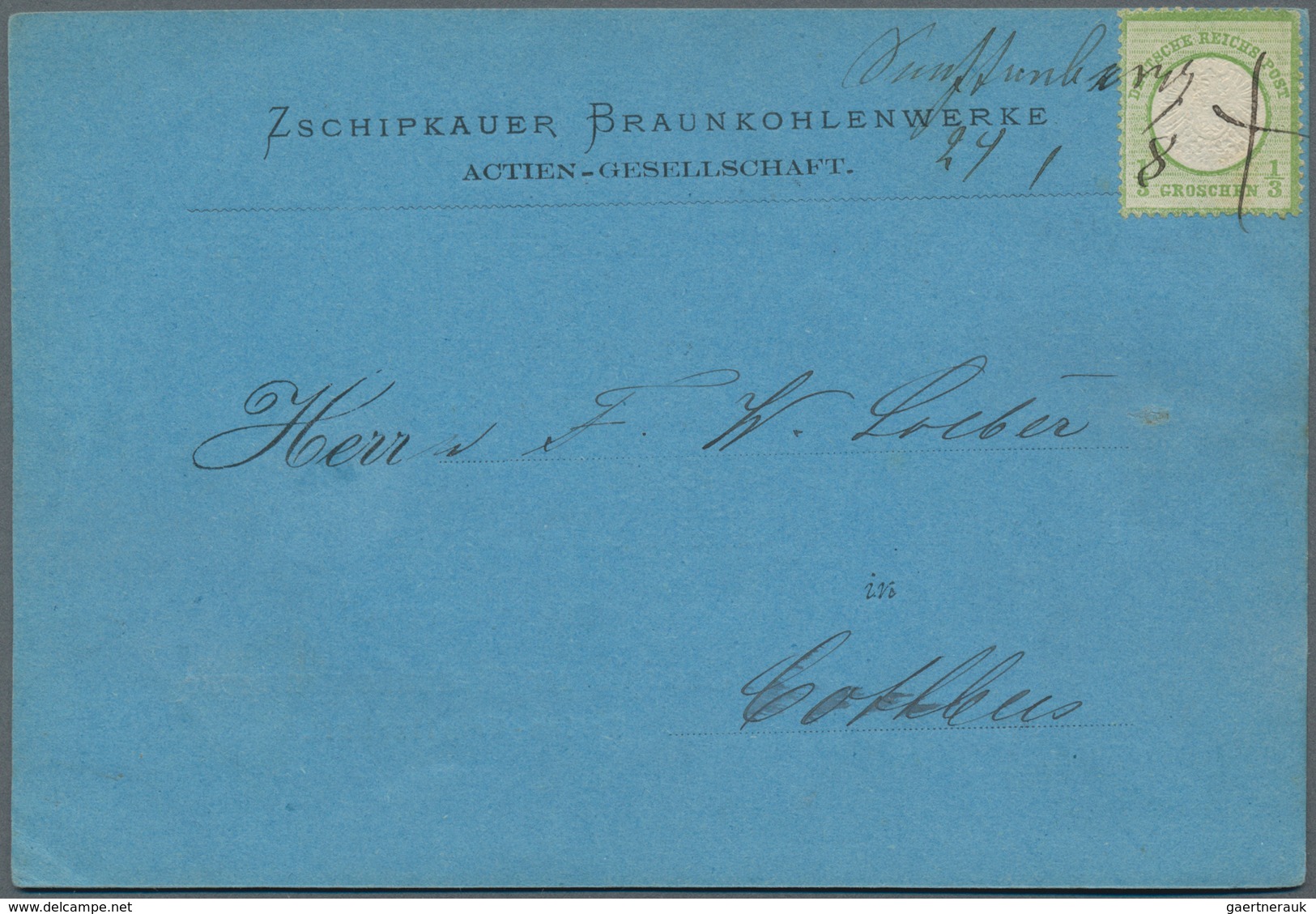 Deutsches Reich - Brustschild: 1872, Gr. Schild 1/3 Gr Grün Auf Blauer Vordruckkarte "Zschipkauer Br - Neufs