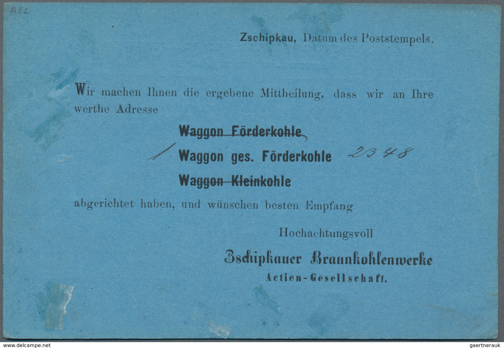 Deutsches Reich - Brustschild: 1872, Gr. Schild 1/3 Gr Grün Auf Blauer Vordruckkarte "Zschipkauer Br - Ungebraucht