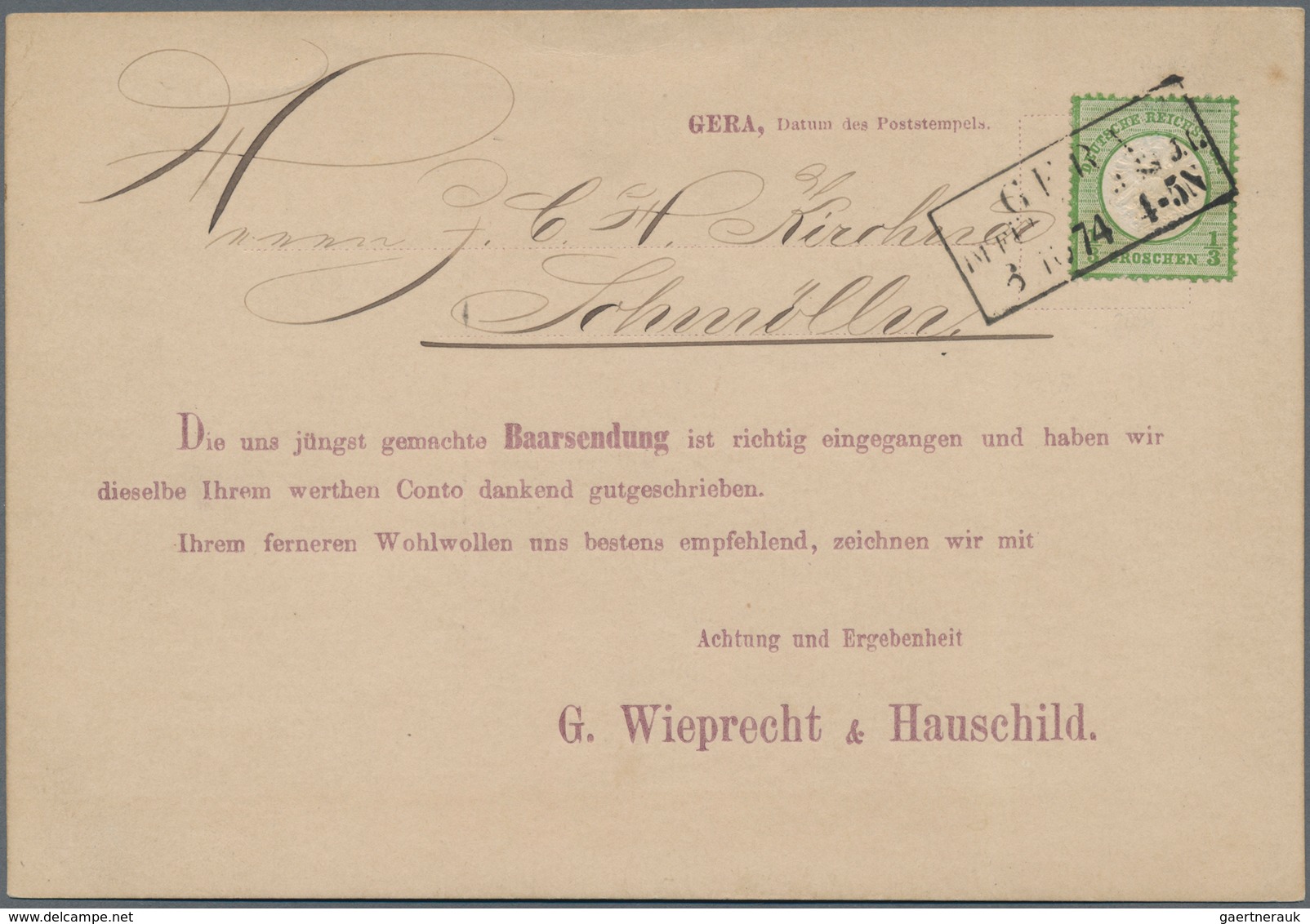 Deutsches Reich - Brustschild: 1872, Großer Schild 1/3 Gr. (dunkel)grün Auf Vordruck-Karte Mit Ra2 " - Unused Stamps