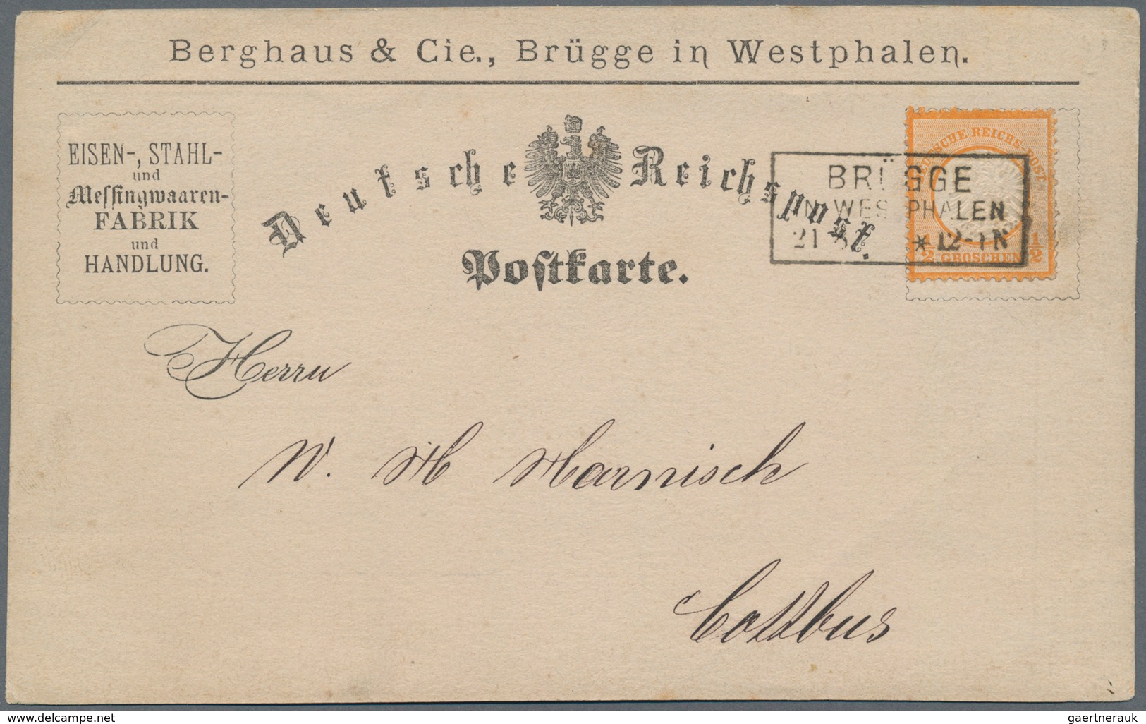 Deutsches Reich - Brustschild: 1872, Großer Schild ½ Gr. Orange Auf Vordruck-Karte Mit Ra3 "BRÜGGE I - Unused Stamps