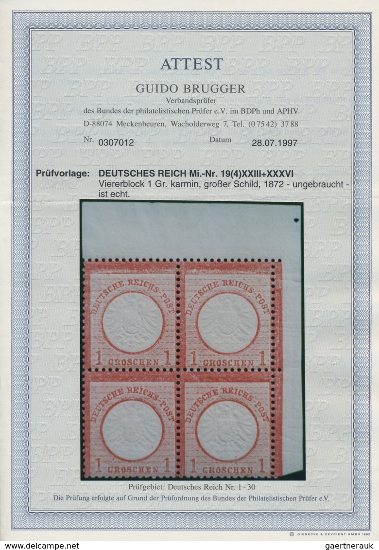 Deutsches Reich - Brustschild: 1872, Großer Schild 1 Gr. Karmin, Postfrischer Eckrand 4er-Block Mit - Unused Stamps