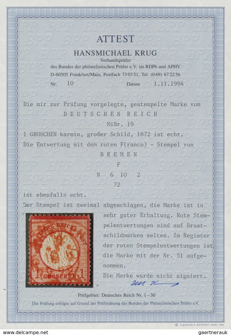 Deutsches Reich - Brustschild: 1872, Kl. Schild 1 Gr. Brfst. Mit SELTENEM ROTEM FRANCO-K1 "BREMEN F - Neufs