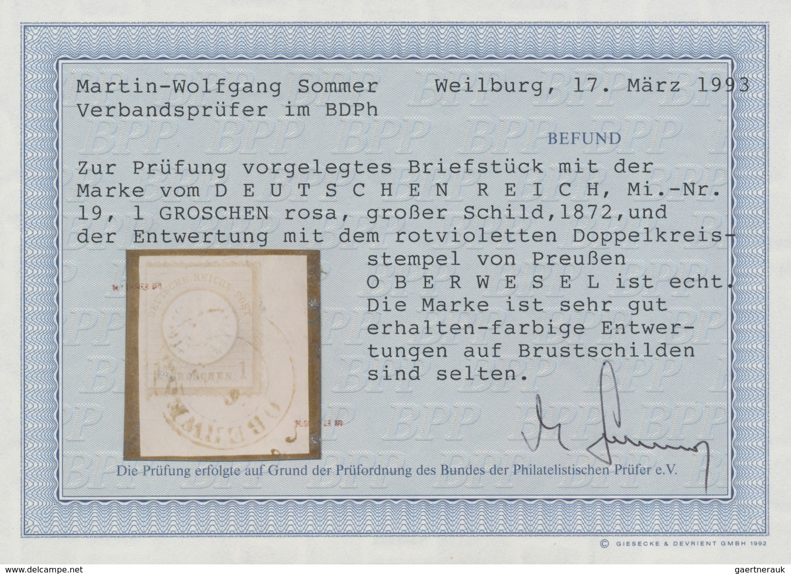 Deutsches Reich - Brustschild: 1872, Großer Schild 1 Gr Karmin Auf Briefstück Mit Seltenem Rotviolet - Ungebraucht
