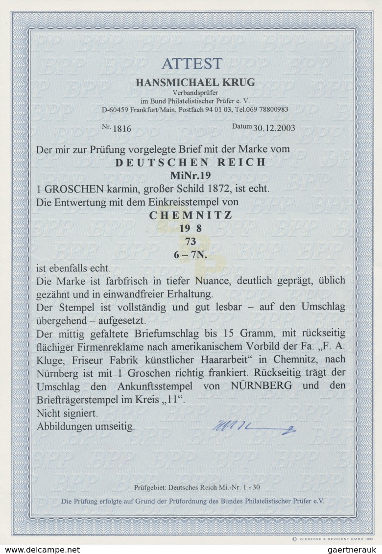 Deutsches Reich - Brustschild: 1872, Großer Schild 1 Gr. Karmin Auf Firmenreklame-Brief Von "CHEMNIT - Ungebraucht