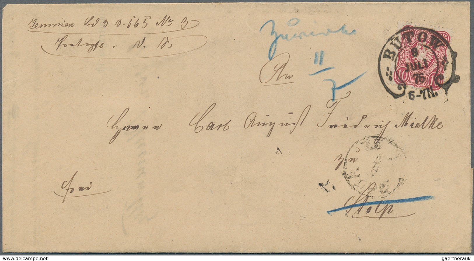 Deutsches Reich - Pfennige: 1875, 10 Pfge. Karmin, Entwertet Mit Hufeisenstempel "BÜTOW 8 JULI 76 6- - Lettres & Documents