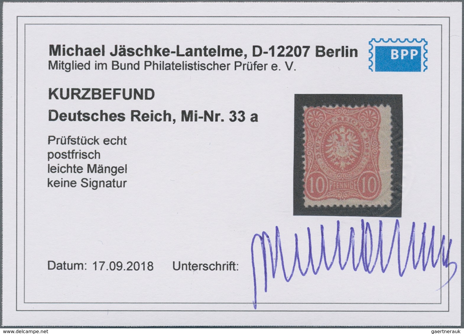 Deutsches Reich - Pfennige: 1875, 10 Pfge. Lilarot, Postfrisches, Etwas Dezentriertes Prachtstück Oh - Storia Postale
