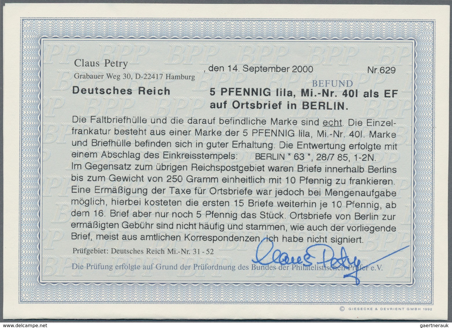 Deutsches Reich - Pfennig: 1885, 5 Pf Lila Als EF Entwertet Mit K1 Auf Ortsbrief Zu Ermäßigter Gebüh - Neufs
