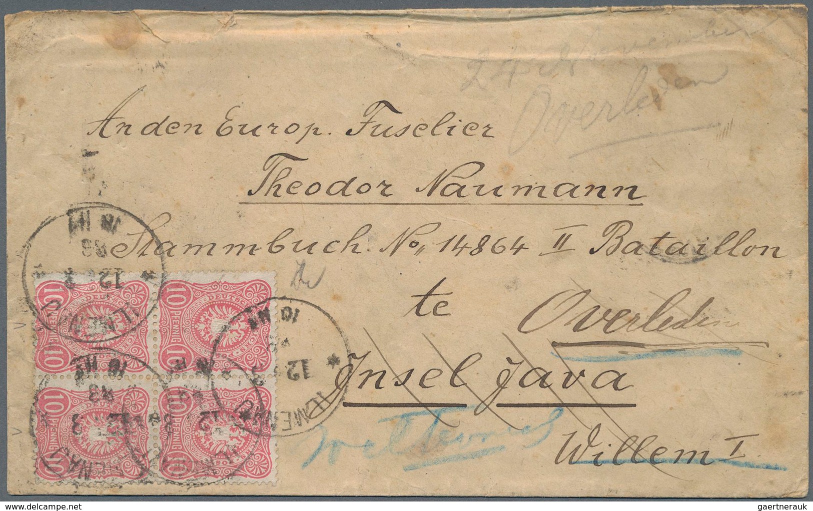 Deutsches Reich - Pfennig: 1888, 10 Pfennig Im Viererblock Ab ILMENAU Nach Java Und Wieder Retour. G - Unused Stamps