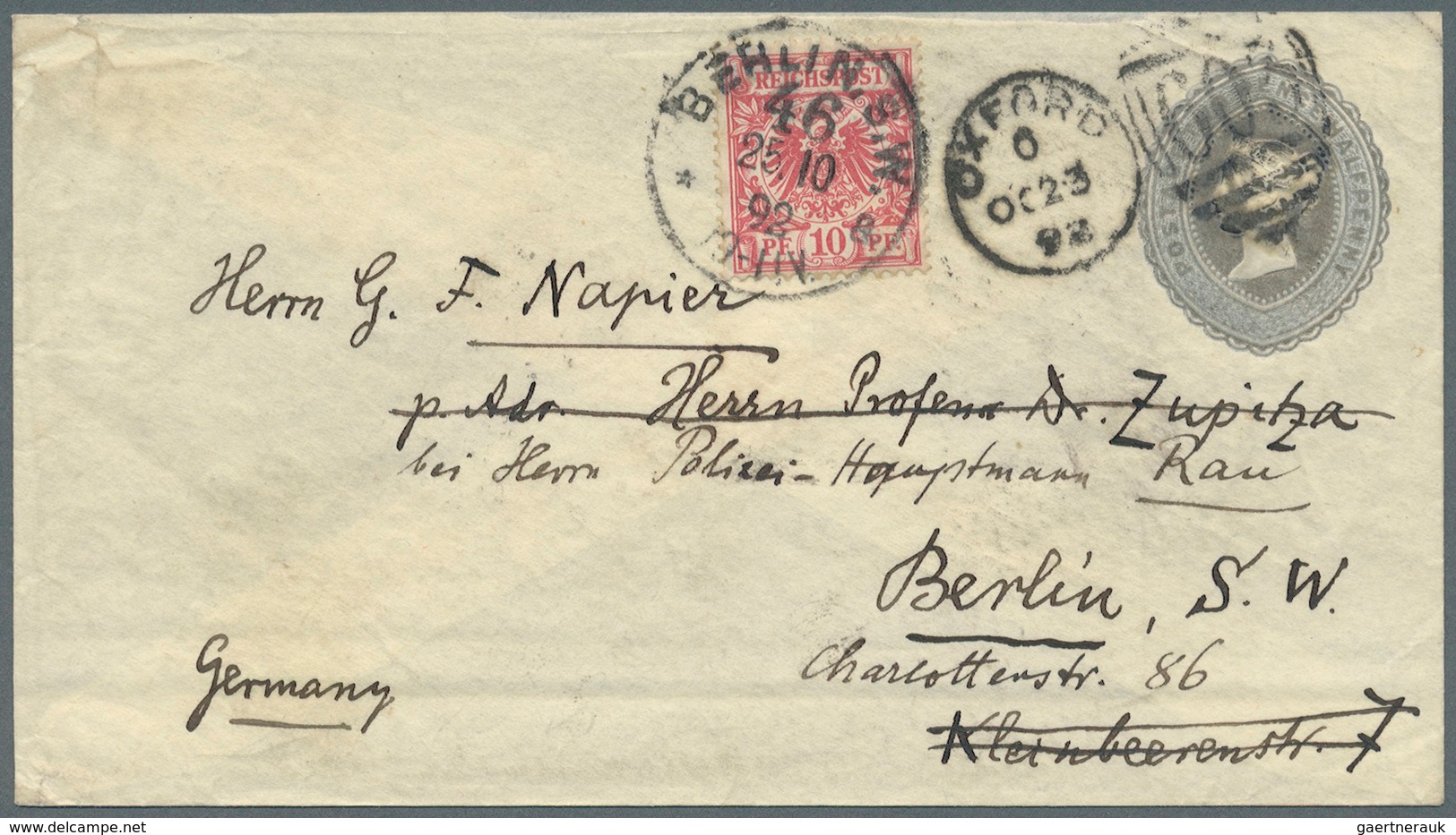 Deutsches Reich - Krone / Adler: 1892, 10 Pf Krone/Adler Als Nachsende-Frankatur Auf Engl. GSU Von " - Neufs