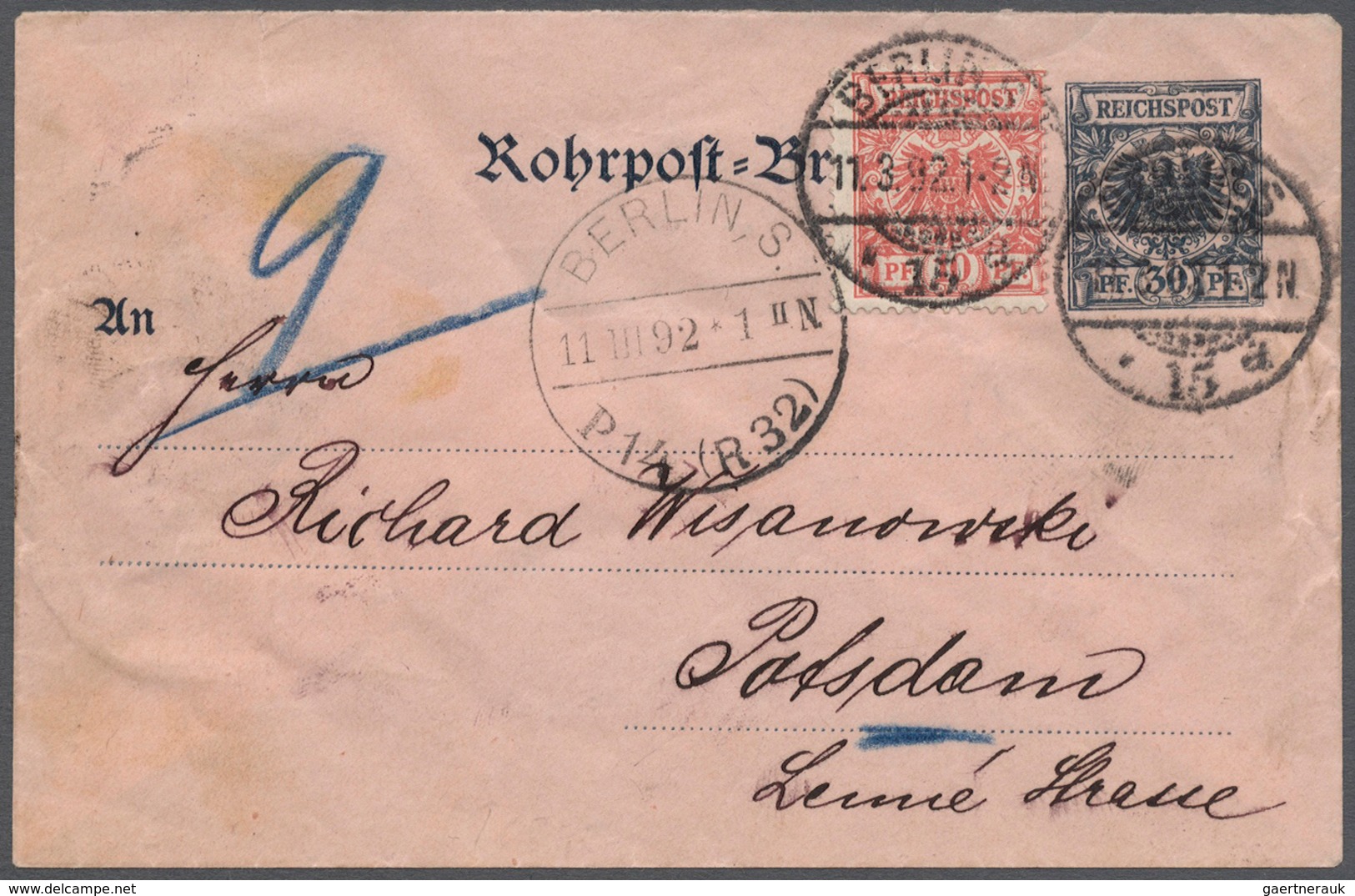 Deutsches Reich - Krone / Adler: 1892, Rohrpost-Umschlag 30 Pf Krone/Adler Mit Seltener Weiterfranka - Ungebraucht