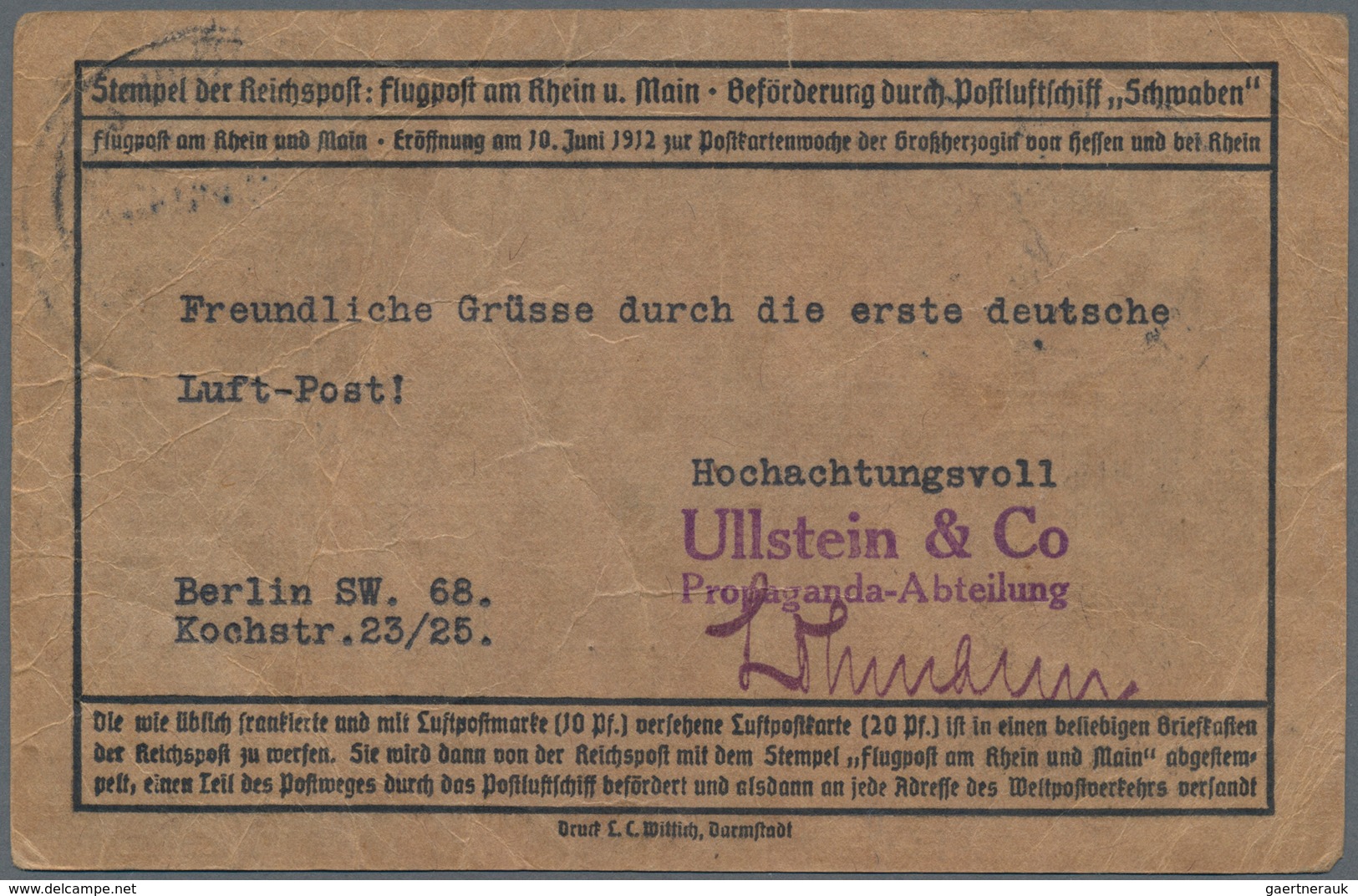 Deutsches Reich - Germania: 1912, 10 Pfg. Flugpostmarke Mit 10 Pfg. Germania Auf Brauner "Flug-Post- - Andere & Zonder Classificatie