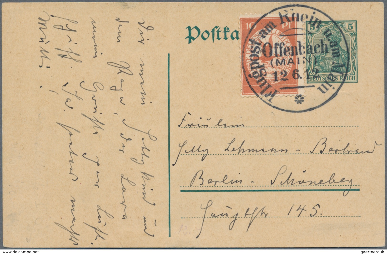 Deutsches Reich - Germania: 1912,FLUGPOST RHEIN-MAIN: 5 Pfg. Germania Ganzsachenkarte Mit 10 Pfg. Fl - Other & Unclassified