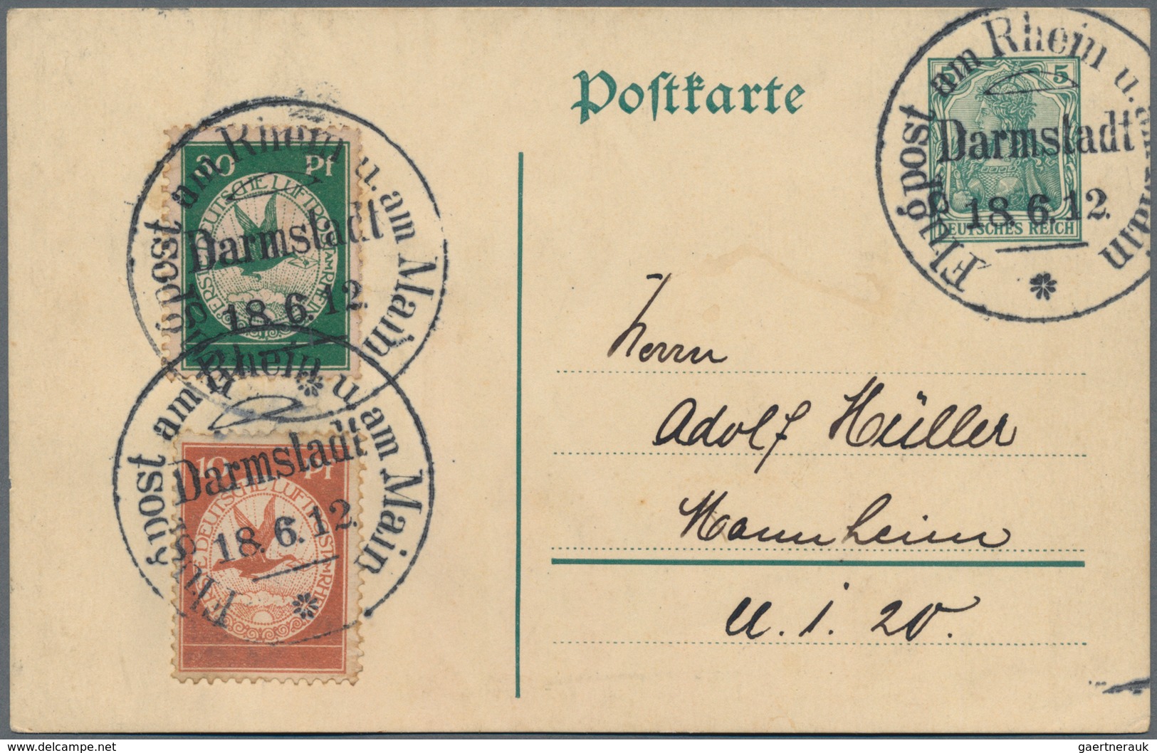 Deutsches Reich - Germania: 1912, FLUGPOST RHEIN-MAIN: 5 Pfg. Germania Ganzsachenkarte Mit 30 Pfg. F - Andere & Zonder Classificatie