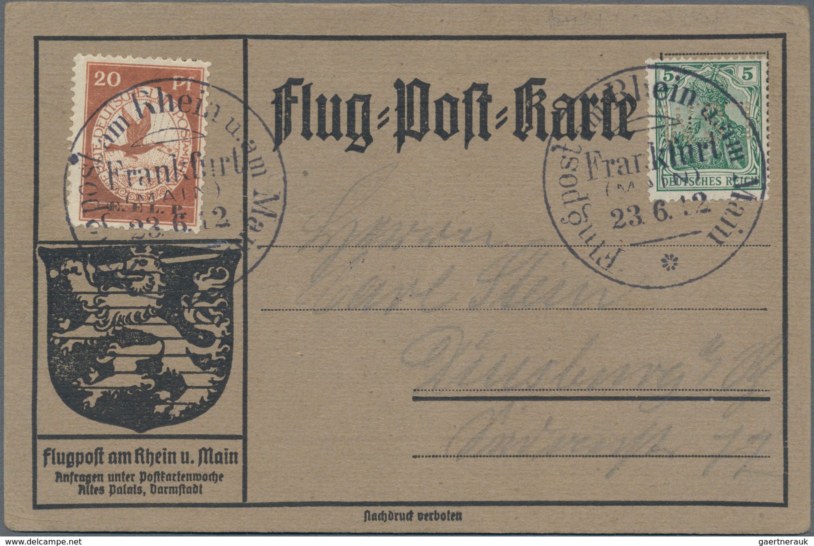 Deutsches Reich - Germania: 1912,FLUGPOST RHEIN-MAIN: 20 Pfg. "E.EL.P." Mit 5 Pfg. Germania Mit Kopf - Other & Unclassified