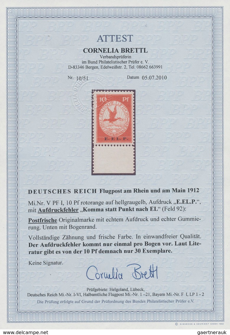 Deutsches Reich - Germania: 1912, 10 Pf Flugpost Rhein-Main Mit Aufdruck-ABART "E.EL,P." (Komma Stat - Andere & Zonder Classificatie
