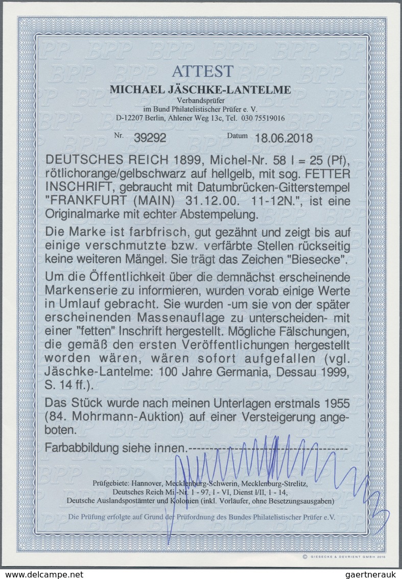 Deutsches Reich - Germania: 1899, 25 Pfg. Germania Mit FETTER INSCHRIFT, Gebrauchte Einzelmarke Mit - Sonstige & Ohne Zuordnung