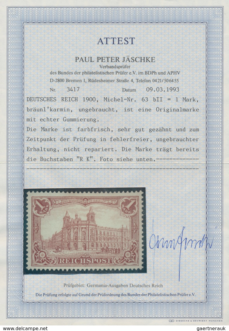 Deutsches Reich - Germania: 1900, Reichspost 1 Mk. In Der Guten Farbe Dunkelkarminrot Und Plattenfeh - Other & Unclassified