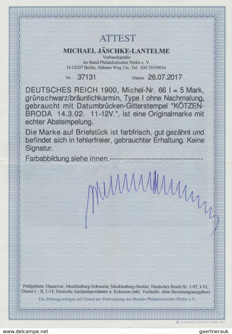 Deutsches Reich - Germania: 1900, Freimarke 5 Mark Grünschwarz/bräunlichkarmin, Type I Ohne Nachmalu - Sonstige & Ohne Zuordnung