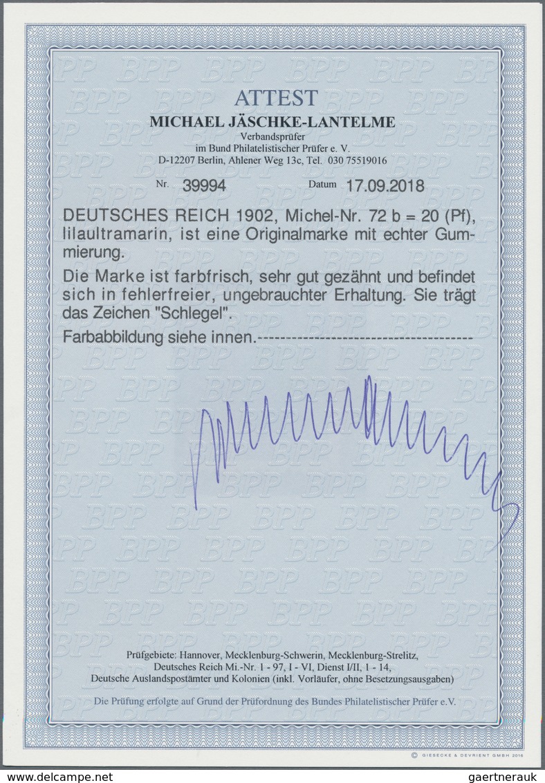 Deutsches Reich - Germania: 1902, Germania 20 Pf. "DEUTSCHES REICH" Seltene B-Farbe Lila-ultramarin - Autres & Non Classés