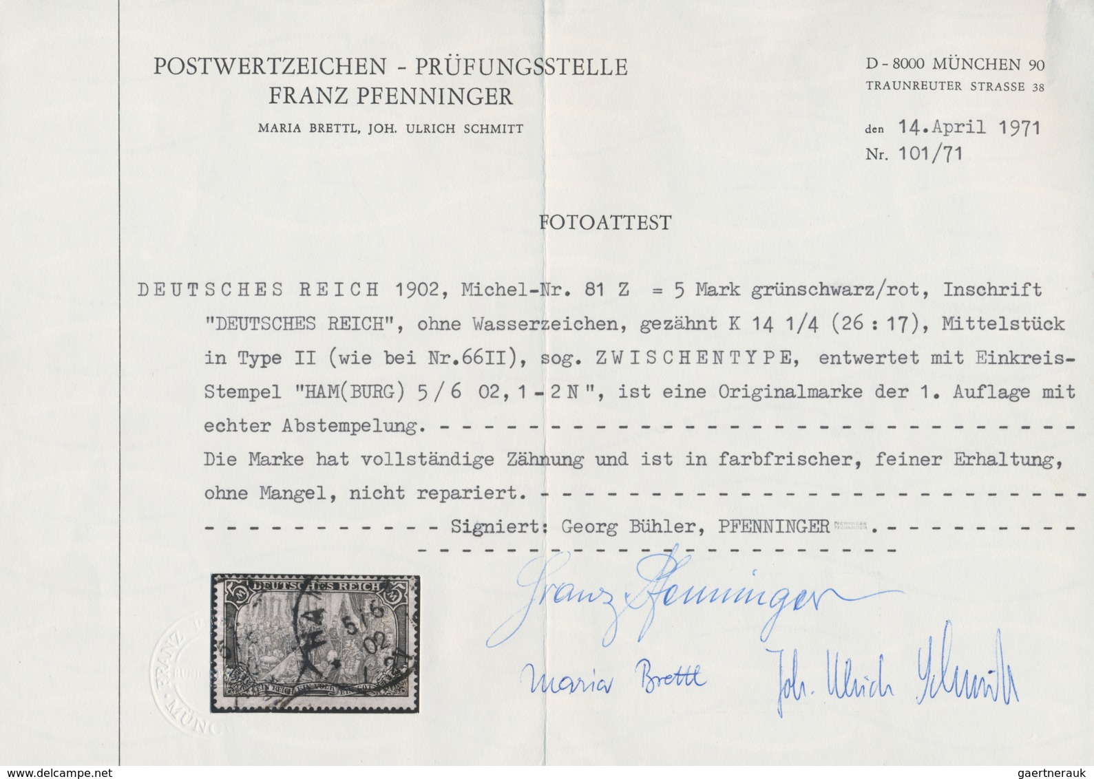 Deutsches Reich - Germania: 1902, 5 Mark Germania "Deutsches Reich", Zwischentype Mit Mittelstück De - Other & Unclassified