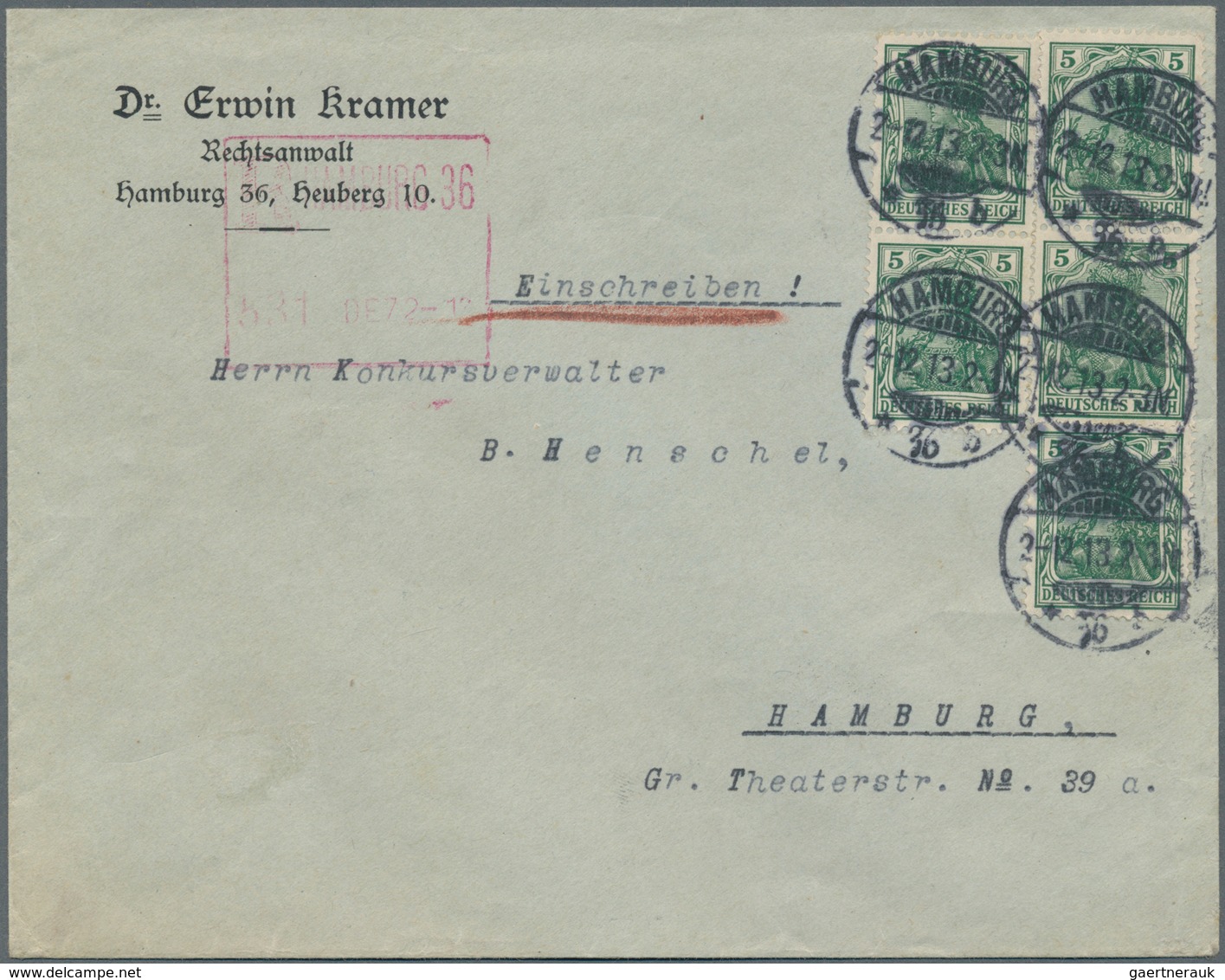 Deutsches Reich - Germania: 1913 "R HAMBURG 36 531 DEZ 2-12" Roter Versuchs-Maschinen-R-Stpl. Auf Or - Sonstige & Ohne Zuordnung