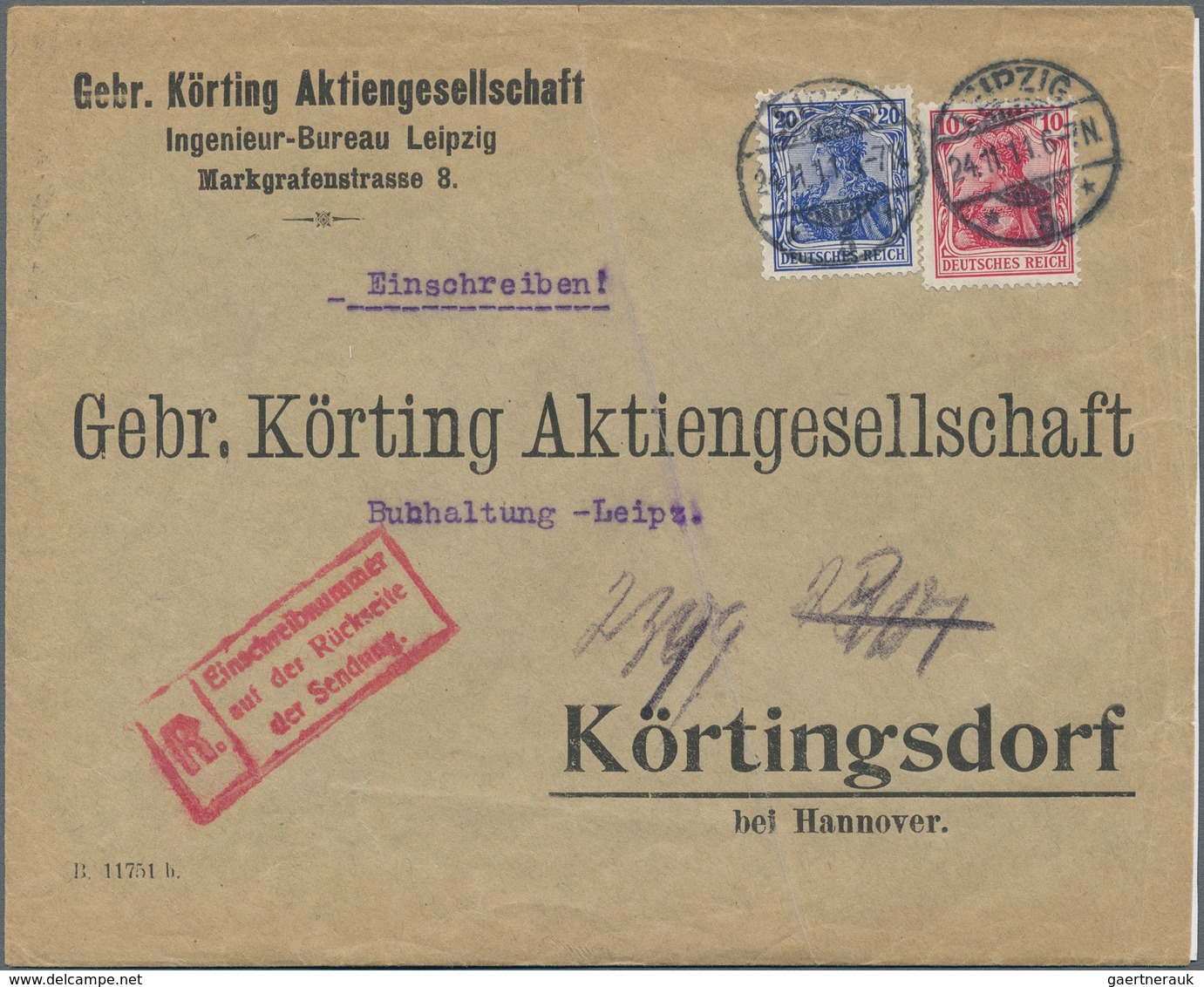 Deutsches Reich - Germania: 1911, 10 Und 20 Pf Germania MiF Auf Brief Von Leipzig Nach Körtingsdorf/ - Sonstige & Ohne Zuordnung