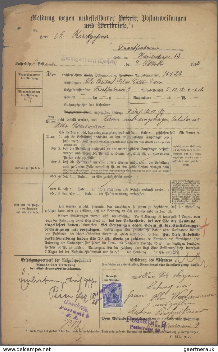 Deutsches Reich - Germania: 1912, 20 Pfg. Germania Als Verklebte Gebühr Auf Formular "Meldung Wegen - Sonstige & Ohne Zuordnung