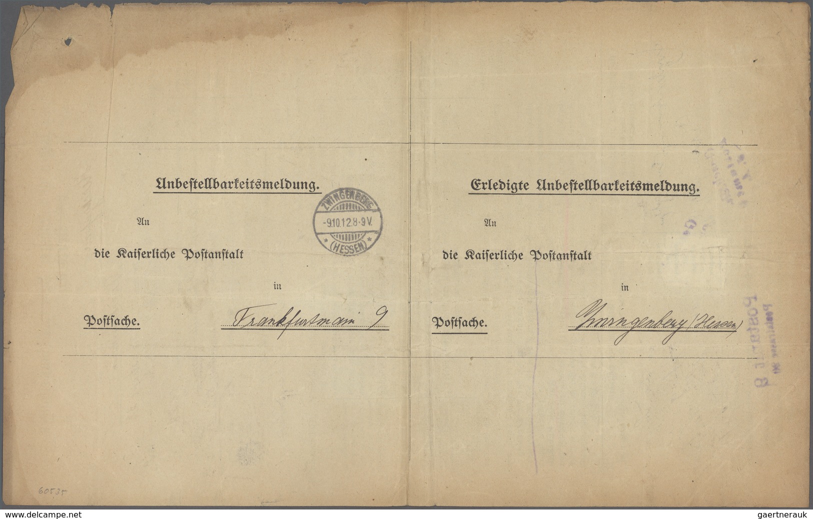 Deutsches Reich - Germania: 1912, 20 Pfg. Germania Als Verklebte Gebühr Auf Formular "Meldung Wegen - Other & Unclassified