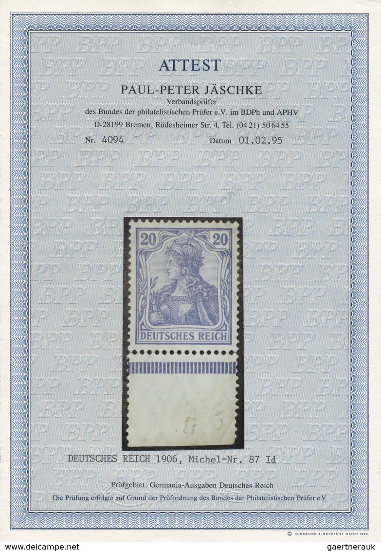 Deutsches Reich - Germania: 1906, 20 Pfg. Germania, Hellultramarin Postfrisch Vom Unterrand. Bis Auf - Sonstige & Ohne Zuordnung